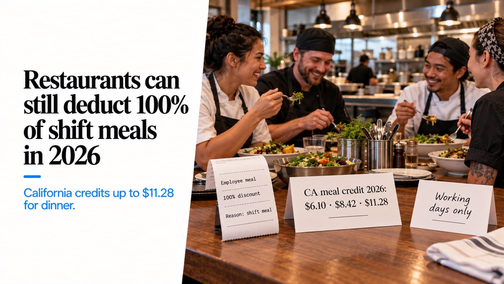 Personal de un restaurante comiendo juntos antes del servicio, con un ticket del POS de comida de empleado con 100% de descuento por comida de turno, una tarjeta con el crédito por comidas de California 2026 de $6.10, $8.42 y $11.28, y una nota de solo días trabajados