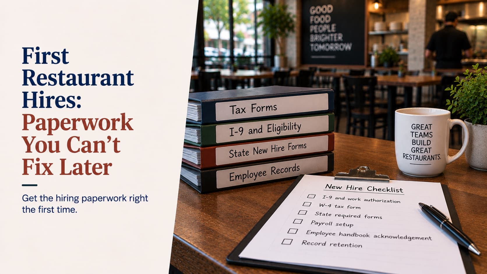 First restaurant hires and the paperwork you can't fix later — four labelled binders stacked on a dining table for tax forms, I-9 and eligibility, state new hire forms and employee records, beside a clipboard holding a new hire checklist covering the I-9 and work authorisation, the W-4, state required forms, payroll setup, handbook acknowledgement and record retention
