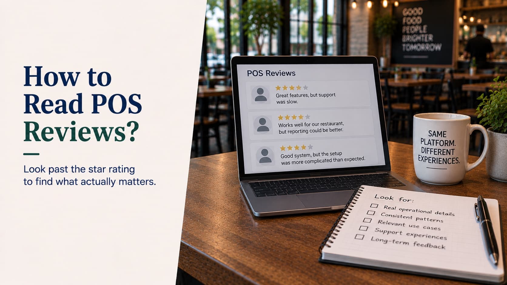 How to read POS reviews — a laptop on a restaurant table showing a list of four-star POS reviews whose text qualifies the rating with slow support, weak reporting and a complicated setup, beside a notebook listing what to look for: real operational details, consistent patterns, relevant use cases, support experiences and long-term feedback