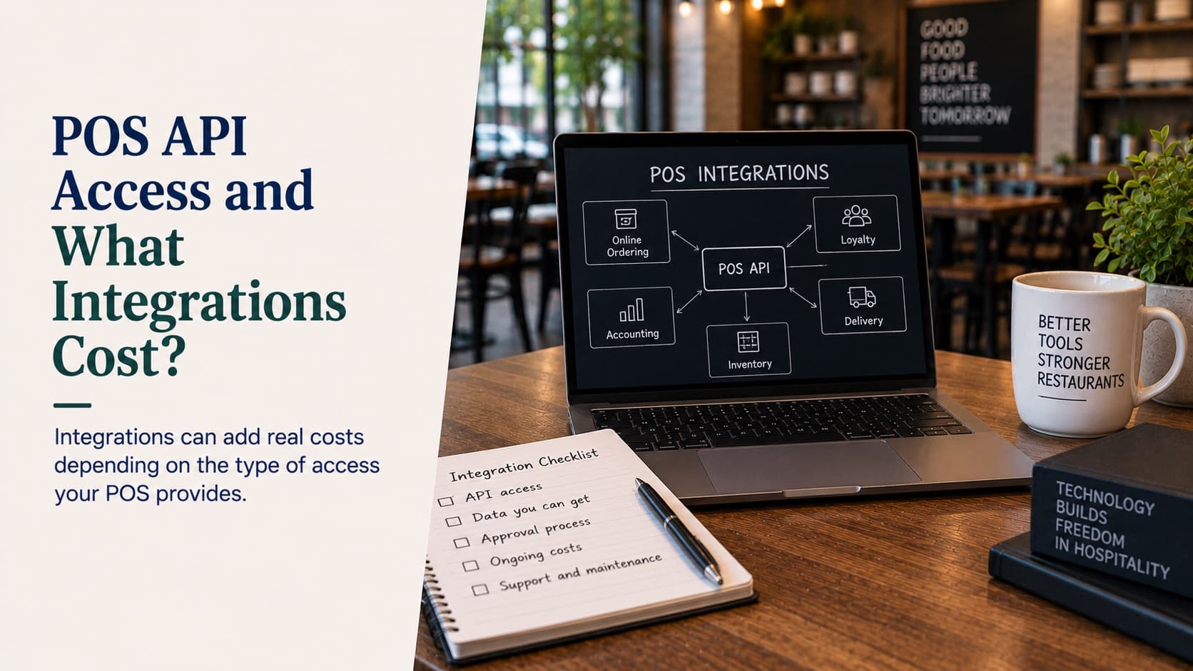 POS API access and what integrations cost — a laptop on a restaurant table showing a POS integrations diagram with a central POS API connected out to online ordering, loyalty, delivery, inventory and accounting, beside a handwritten integration checklist covering API access, the data you can get, the approval process, ongoing costs and support