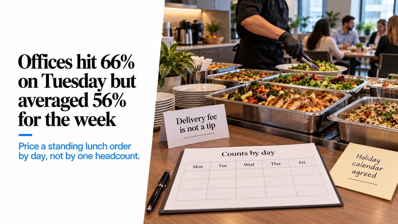 Comida de catering servida en el comedor de una oficina, con una hoja de pedido fijo titulada 'Counts by day' con columnas de lunes a viernes, una tarjeta que dice que la tarifa de entrega no es propina y una nota de calendario de días festivos acordado