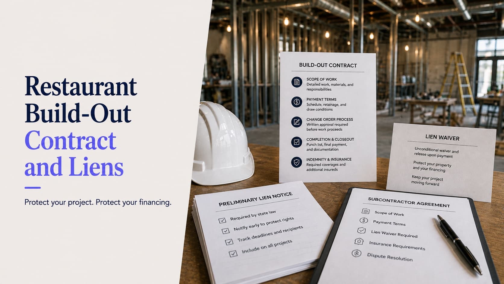 Restaurant build-out contracts and liens — documents on a table inside an unfinished restaurant shell: a build-out contract summary covering scope of work, payment terms with retainage and draw conditions, change order process, completion and closeout, and indemnity and insurance, beside a preliminary lien notice checklist, a lien waiver card and a subcontractor agreement