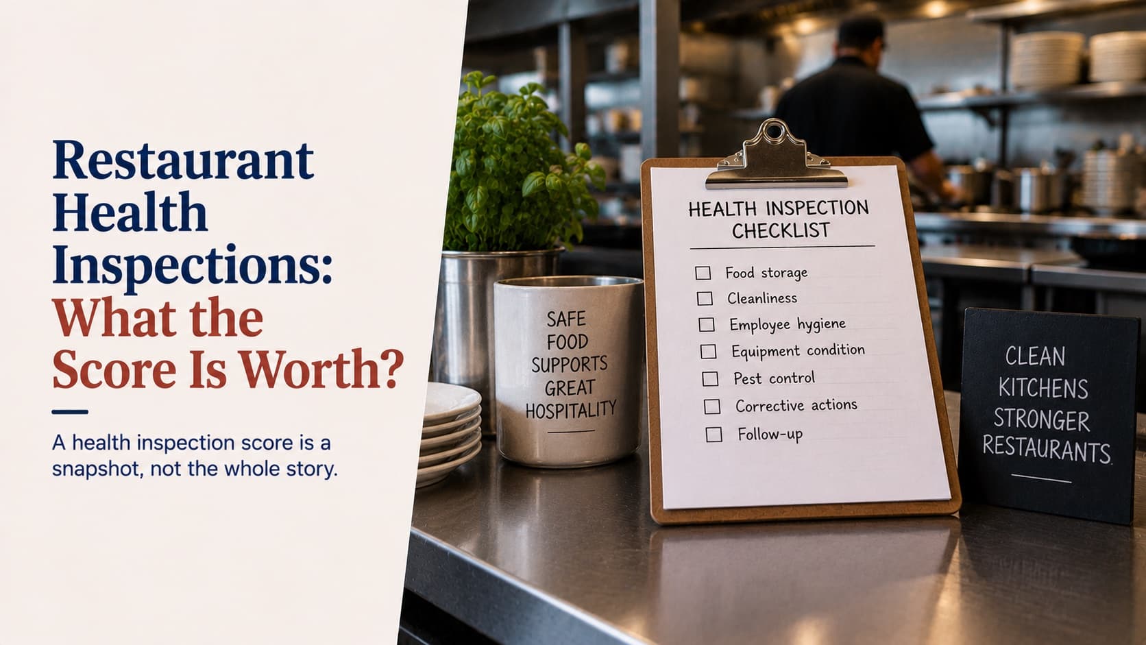 Restaurant health inspections and what the score is worth — a clipboard standing on a stainless kitchen pass holding a health inspection checklist covering food storage, cleanliness, employee hygiene, equipment condition, pest control, corrective actions and follow-up, with a cook working at the line behind