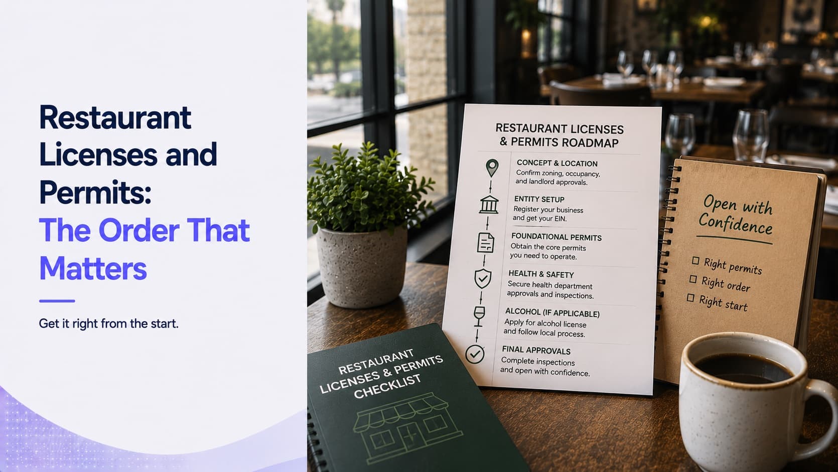 Restaurant licences and permits — a permit roadmap flowing from concept and location, where zoning, occupancy and landlord approvals are confirmed, through entity setup, foundational permits, health and safety approvals and alcohol licensing to final approvals, beside a licences and permits checklist