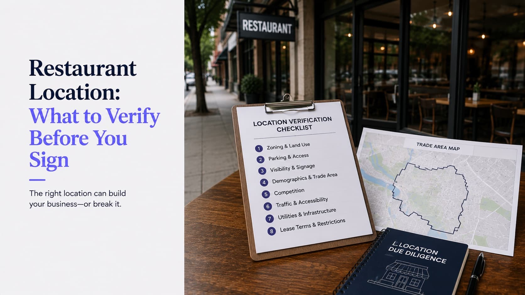 Restaurant location verification — a clipboard on a table outside a storefront listing a numbered checklist that begins with zoning and land use, then parking and access, visibility and signage, demographics and trade area, competition, traffic and accessibility, utilities and infrastructure, and lease terms and restrictions, beside a trade area map