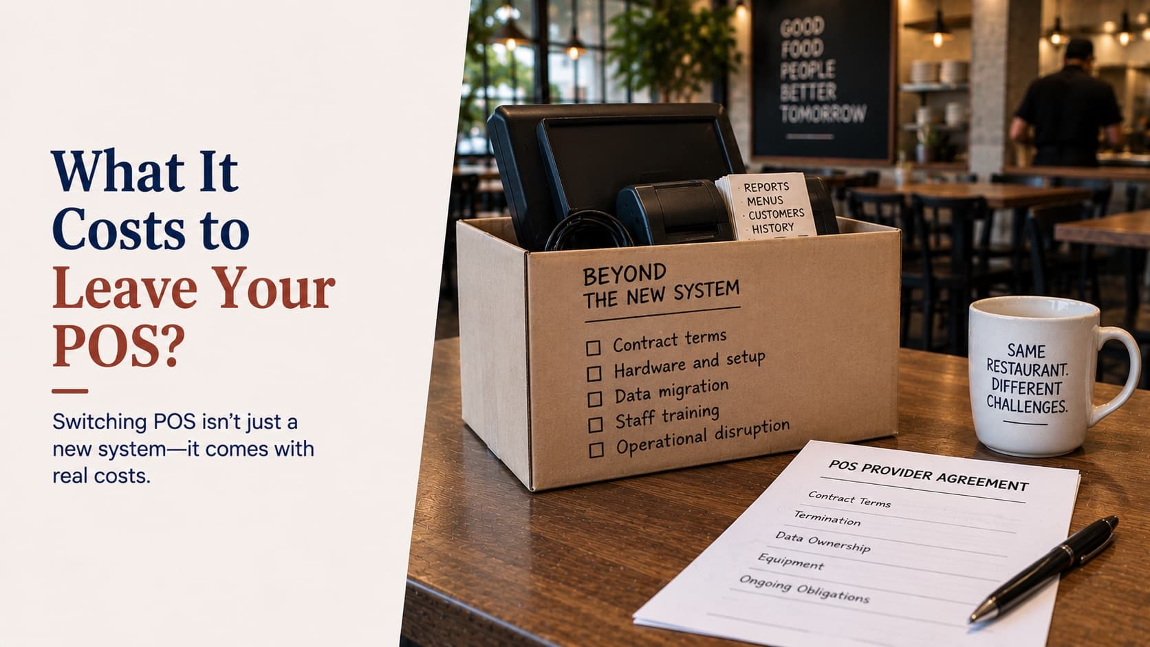 What it costs to leave your POS — a packing box on a dining table holding a POS terminal, card reader and cables, its side listing contract terms, hardware and setup, data migration, staff training and operational disruption, beside a POS provider agreement page headed with contract terms, termination, data ownership, equipment and ongoing obligations