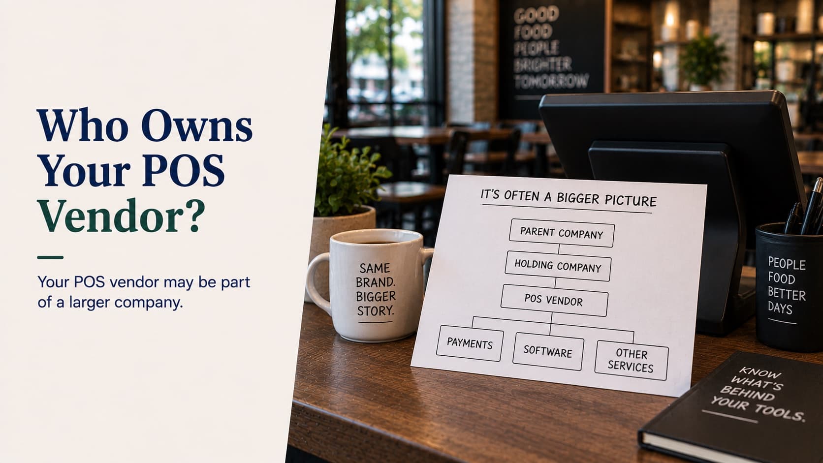 Who owns your POS vendor — a POS terminal on a restaurant counter beside a printed ownership chart headed It's often a bigger picture, running from a parent company down through a holding company to the POS vendor, which in turn branches into payments, software and other services