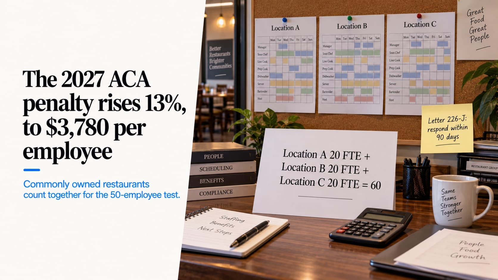 The ACA employer mandate for restaurant groups — schedules for three locations pinned to a corkboard above a card reading 'Location A 20 FTE + Location B 20 FTE + Location C 20 FTE = 60' and a note reading 'Letter 226-J: respond within 90 days'