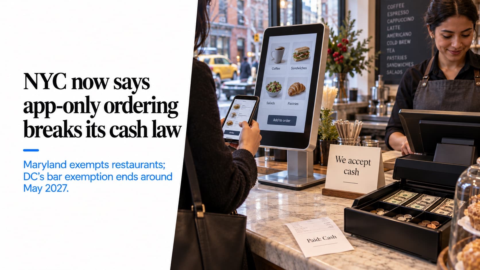 Cashless bans — a customer ordering on a phone beside a self-order kiosk at a New York coffee counter, with an open cash drawer, a sign reading 'We accept cash' and a receipt reading 'Paid: Cash'