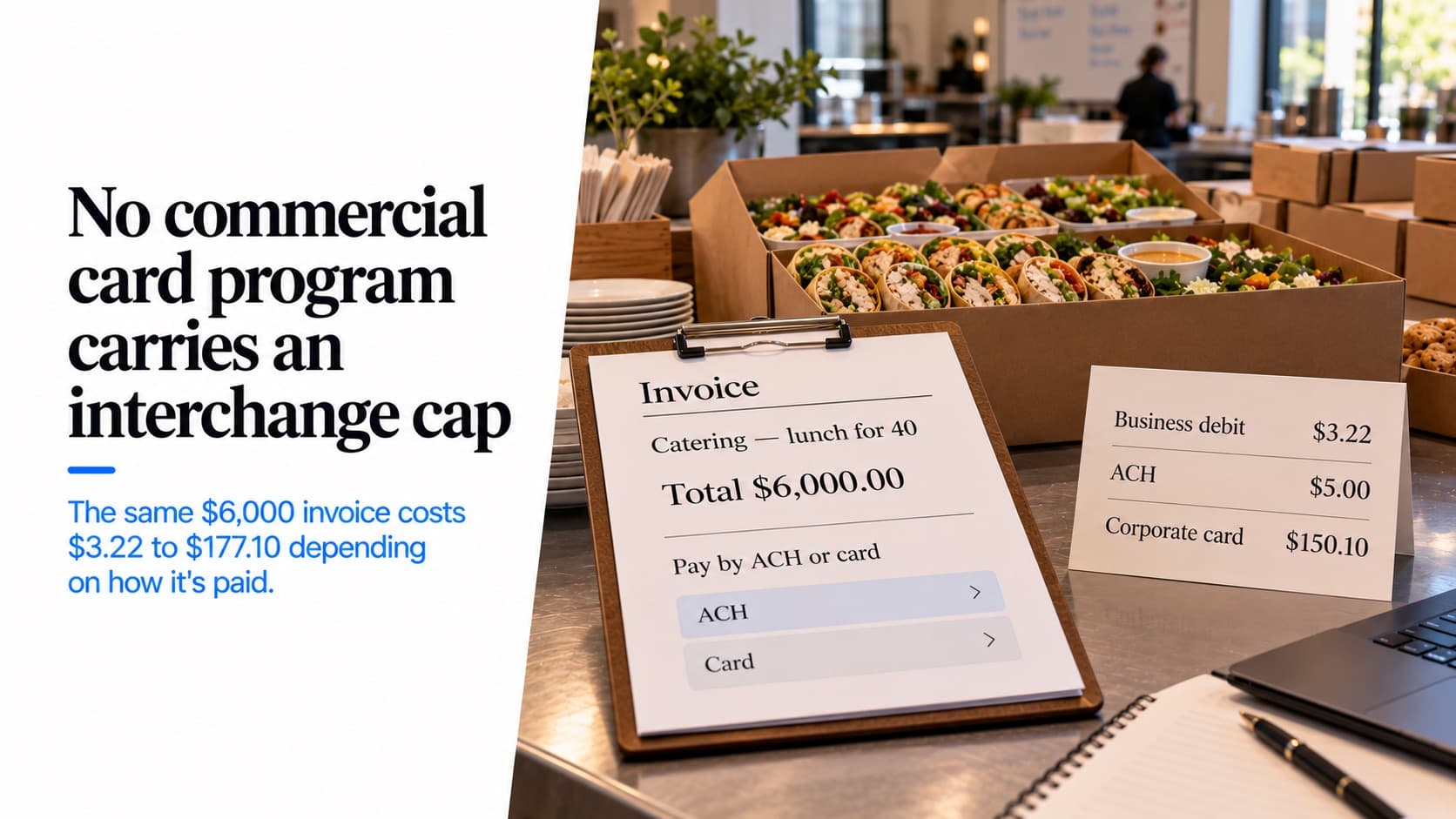 Lo que cuesta cobrar una factura de catering: una factura de $6,000 por una comida para 40 con ACH antes que tarjeta, junto a una tarjeta que muestra $3.22 con débito empresarial, $5.00 por ACH y $150.10 con tarjeta corporativa