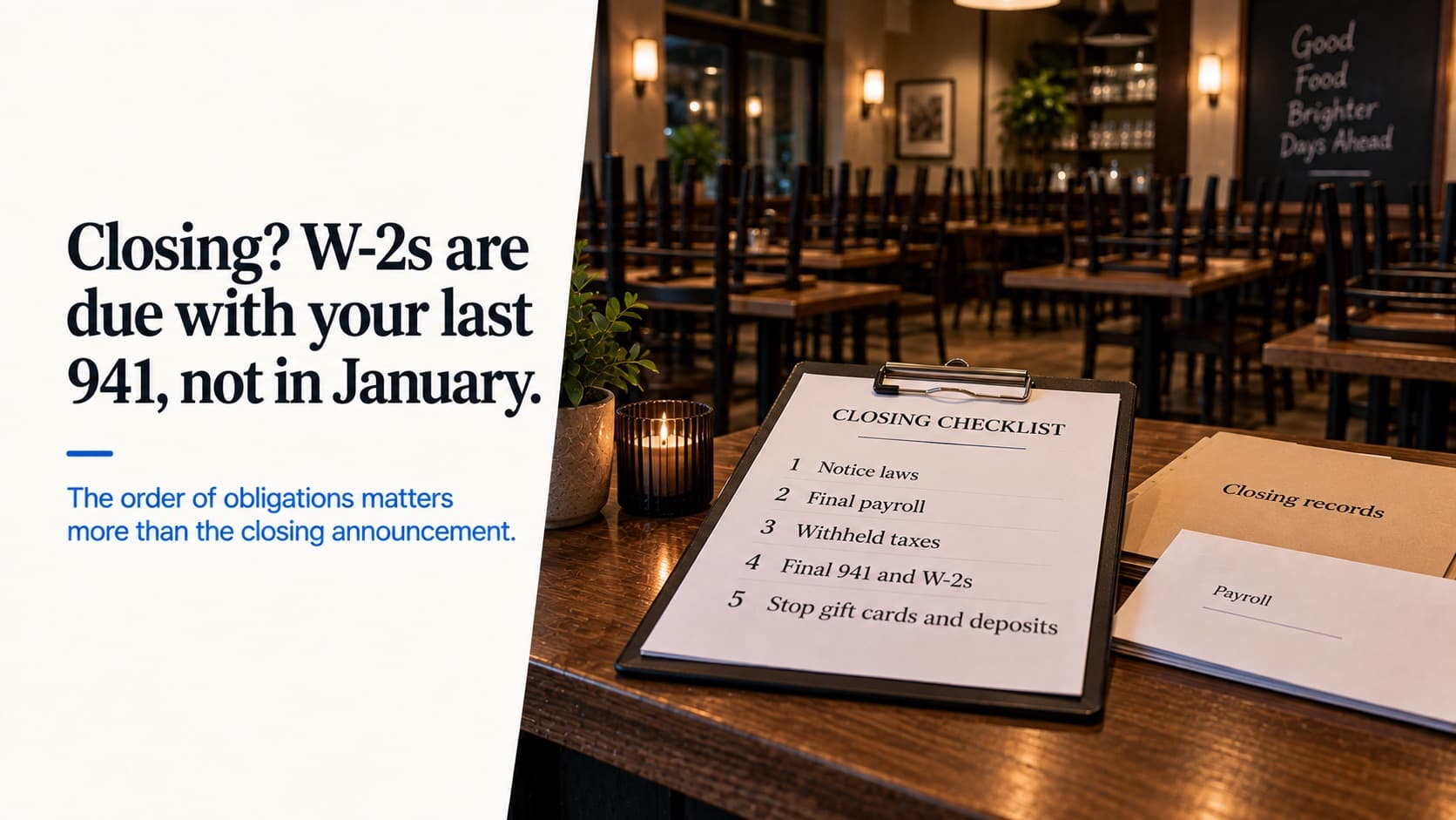 Closing? W-2s are due with your last 941 — an empty dining room with chairs up on the tables and a closing checklist reading notice laws, final payroll, withheld taxes, final 941 and W-2s, stop gift cards and deposits