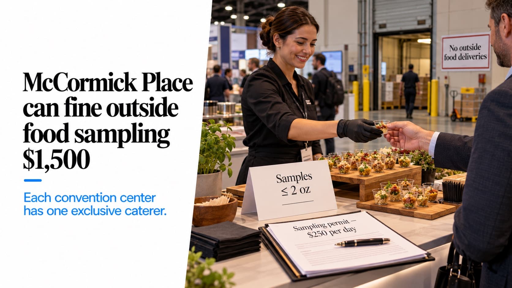 An exhibitor handing out small sample cups at a trade-show booth, with a sign reading 'Samples ≤ 2 oz', a form 'Sampling permit — $250 per day' and a loading-dock sign 'No outside food deliveries'