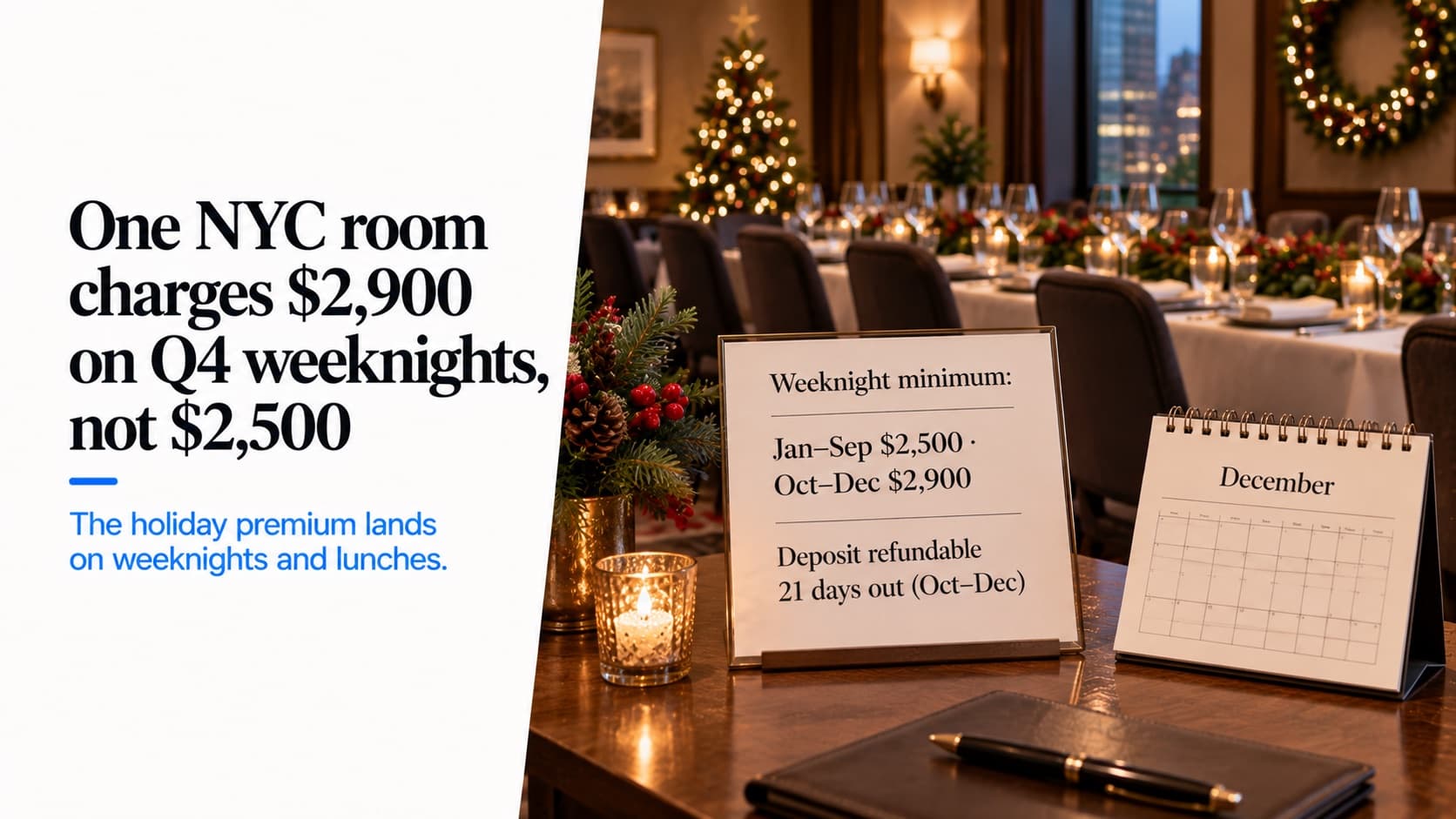 Holiday party minimums — a private dining room set for a December party beside a sheet reading 'Weeknight minimum: Jan–Sep $2,500 · Oct–Dec $2,900' and 'Deposit refundable 21 days out (Oct–Dec)', and a December desk calendar