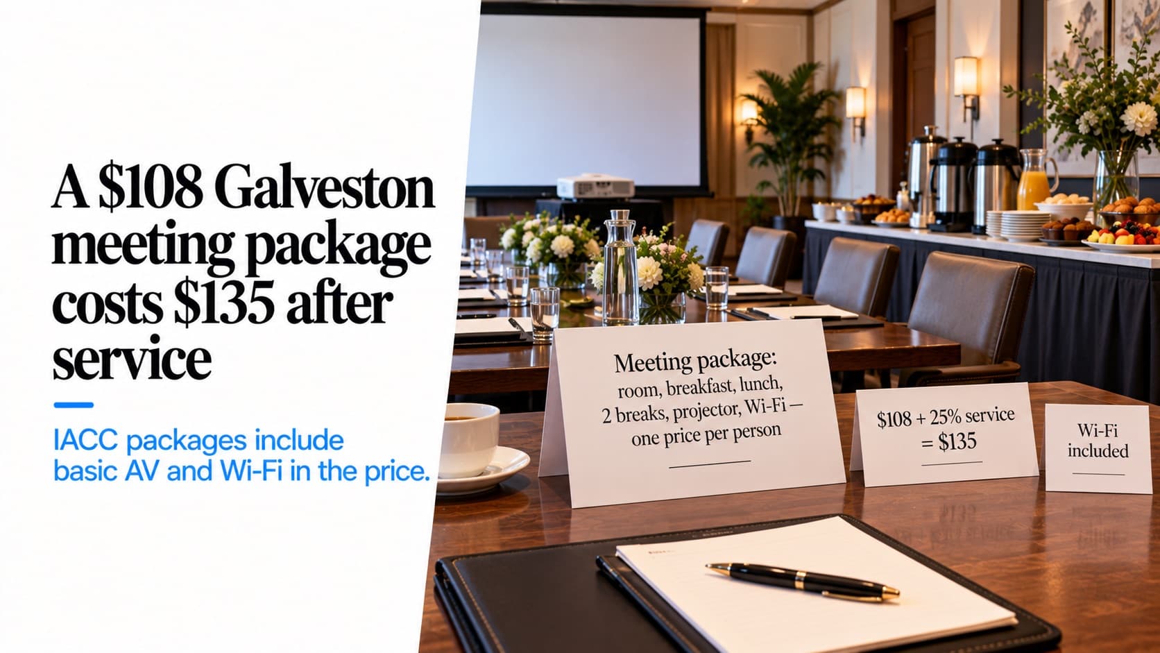 A private dining room set for a meeting with a projector, screen and breakfast station, and table cards reading 'Meeting package: room, breakfast, lunch, 2 breaks, projector, Wi-Fi — one price per person', '$108 + 25% service = $135' and 'Wi-Fi included'