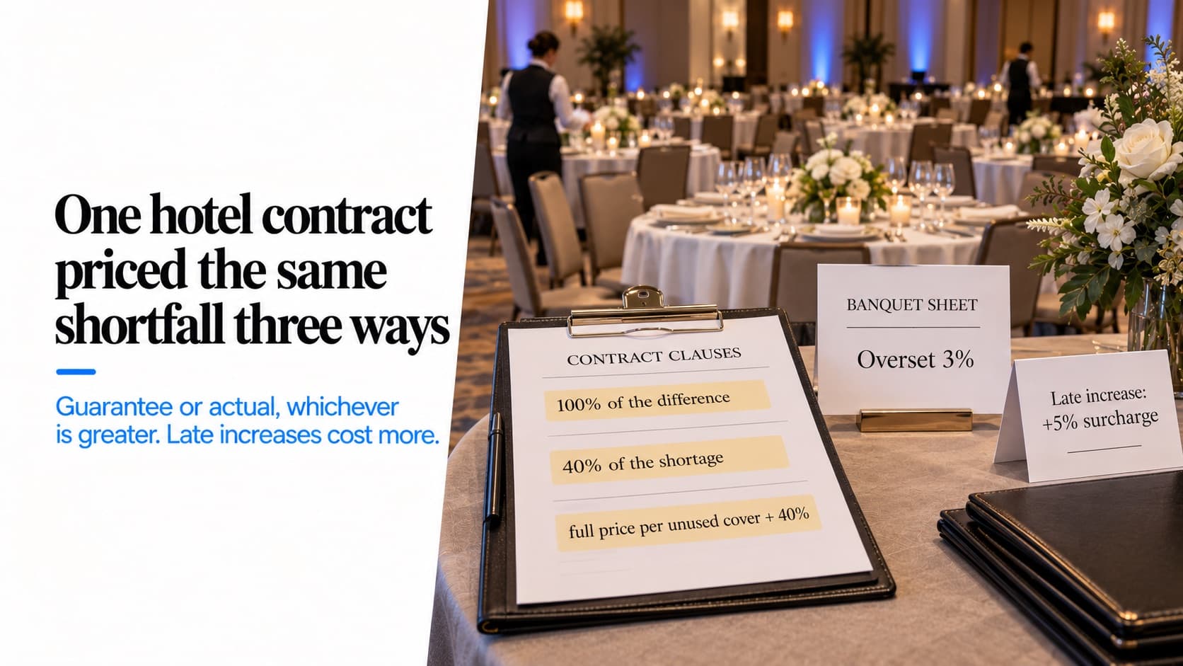 Garantías de asistencia y attrition: un salón de hotel listo para un banquete junto a un contrato con tres cláusulas resaltadas (100% de la diferencia, 40% del faltante y precio completo por cubierto no usado más 40%), una hoja con excedente de 3% y una tarjeta con recargo de 5% por aumento tardío