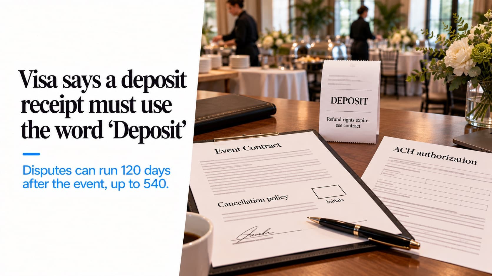A catering office desk with a card receipt reading 'DEPOSIT · Refund rights expire: see contract', a signed event contract with an initials box beside 'Cancellation policy' and an ACH authorization form