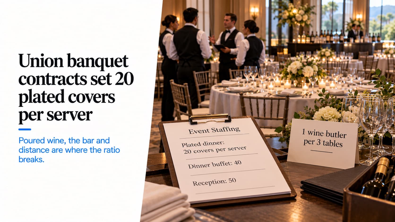 Proporciones de personal para eventos: meseros en la junta previa al servicio en un salón de banquetes, junto a una hoja de personal con 20 cubiertos emplatados por mesero, 40 en cena bufé y 50 en recepción, y una tarjeta con un sommelier por cada tres mesas