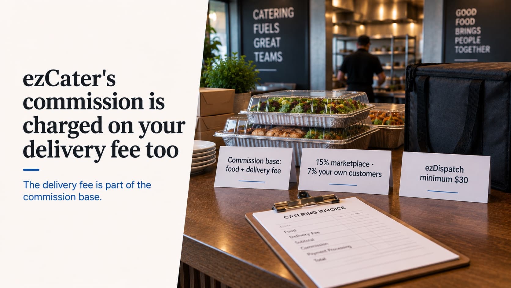 ezCater's commission is charged on your delivery fee too — catering trays ready for pickup beside cards reading 'Commission base: food + delivery fee', '15% marketplace · 7% your own customers' and 'ezDispatch minimum $30', with a catering invoice on a clipboard
