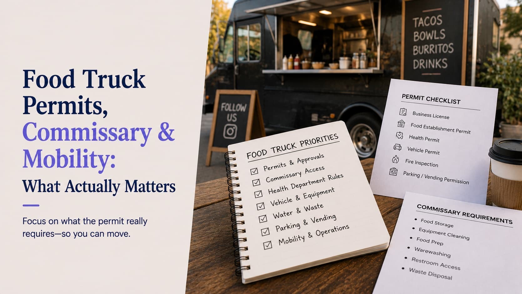 Food truck permits, commissary and mobility — a serving window open on a parked food truck behind a table holding a food truck priorities notepad covering permits, commissary access, health department rules, vehicle and equipment, water and waste, parking and vending, beside a permit checklist and a commissary requirements list