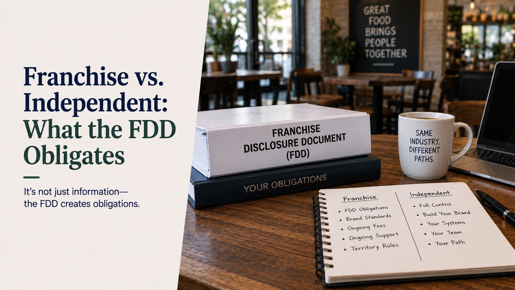 Franchise versus independent and what the FDD obligates — a bound Franchise Disclosure Document stacked on a second volume labelled Your Obligations, beside an open notebook comparing a franchise column of FDD obligations, brand standards, ongoing fees, ongoing support and territory rules against an independent column of full control, your own brand, systems, team and path