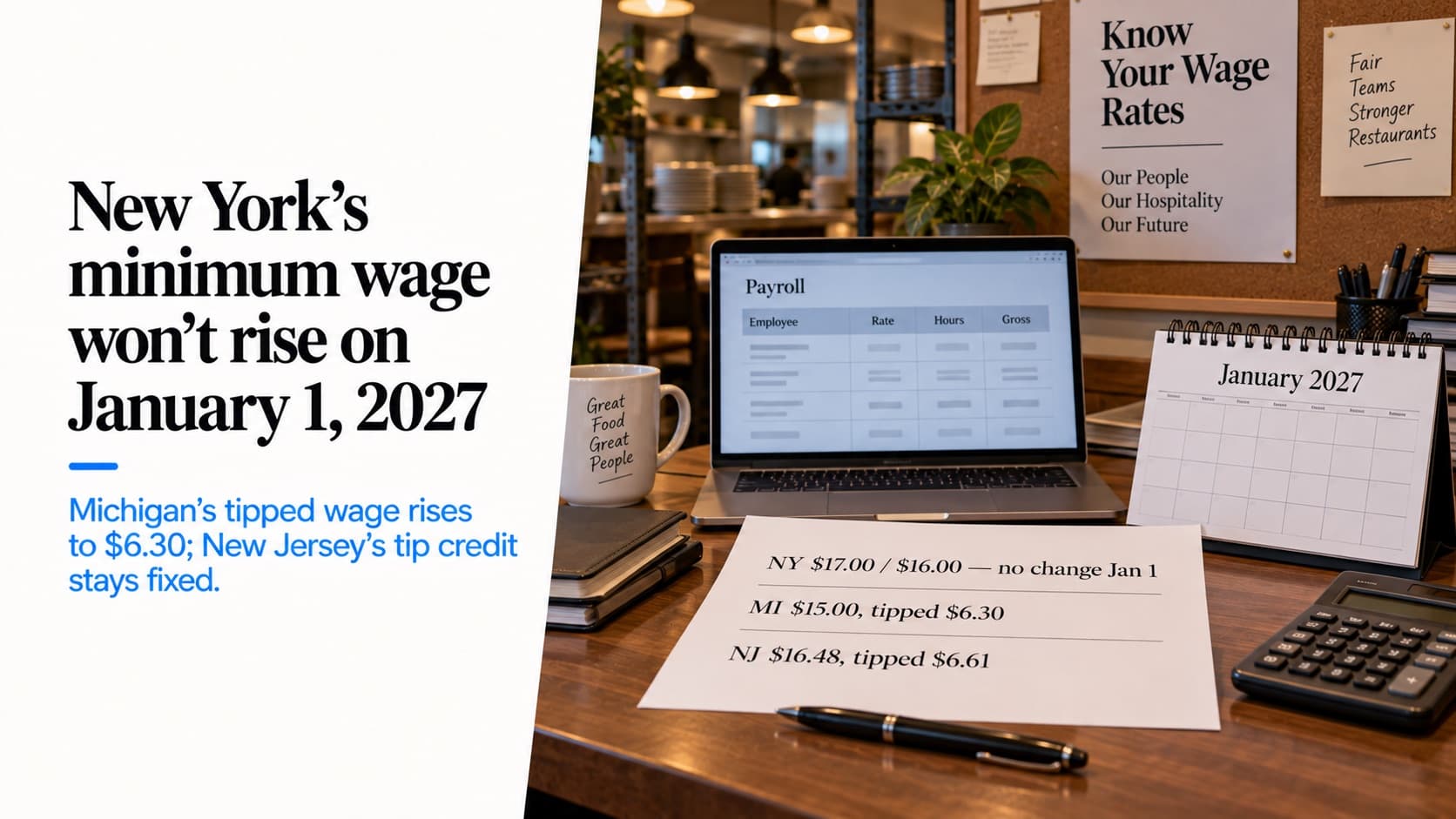 January 1, 2027 minimum wages — a restaurant office desk with a payroll laptop, a January 2027 calendar and a sheet reading 'NY $17.00 / $16.00 — no change Jan 1', 'MI $15.00, tipped $6.30' and 'NJ $16.48, tipped $6.61'