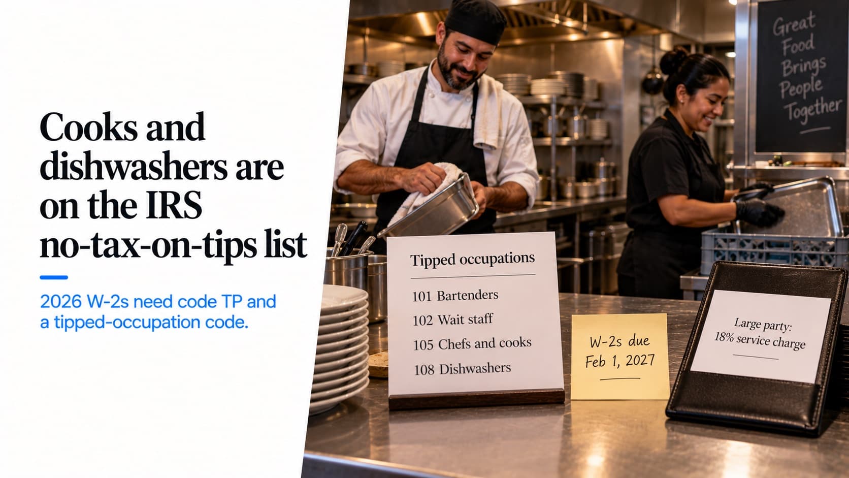 No tax on tips for restaurants — a cook and a dishwasher at work behind a card listing tipped occupations 101 Bartenders, 102 Wait staff, 105 Chefs and cooks and 108 Dishwashers, a note reading 'W-2s due Feb 1, 2027' and a check presenter with an 18% large-party service charge