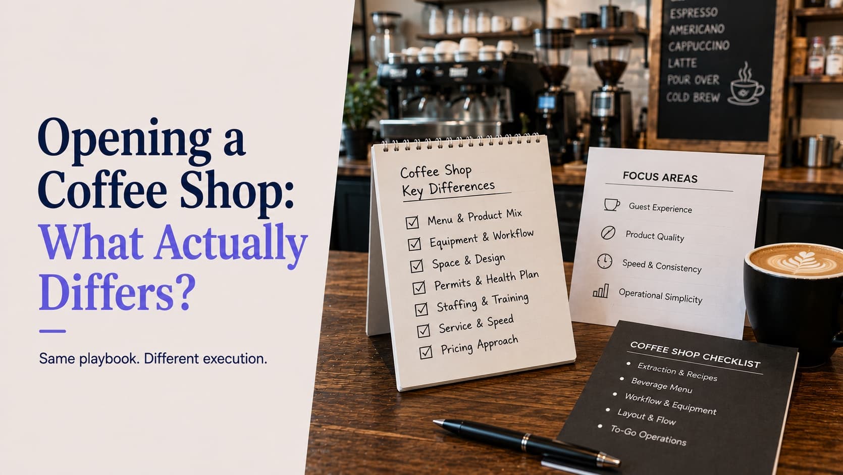 Opening a coffee shop and what actually differs — an espresso bar with grinders and a menu board behind a counter holding a notepad of coffee shop key differences covering menu and product mix, equipment and workflow, space and design, permits and health plan, staffing, service speed and pricing, beside a focus areas card and a coffee shop checklist