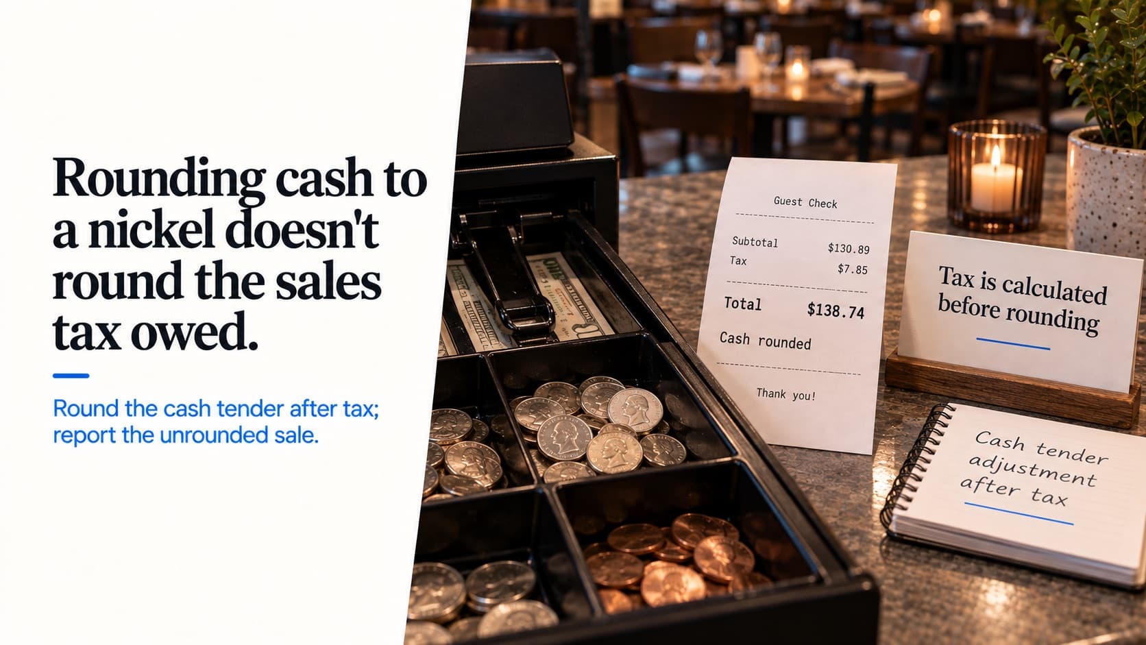 Rounding cash to a nickel doesn't round the sales tax owed — an open cash drawer of coins beside a guest check totaling $138.74 with $7.85 tax marked cash rounded, a card reading 'Tax is calculated before rounding' and a notebook reading 'Cash tender adjustment after tax'