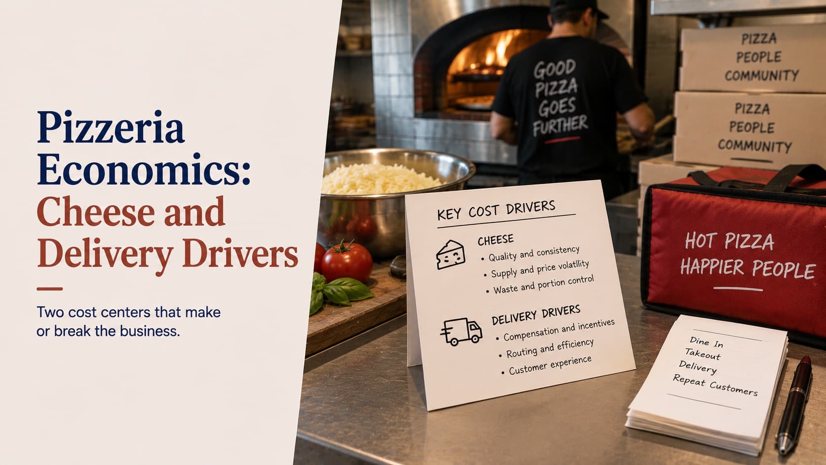 Pizzeria economics, cheese and delivery drivers — a stainless prep counter in front of a wood-fired oven holding a bowl of shredded mozzarella, tomatoes and basil beside a key cost drivers card that splits cheese into quality, supply and price volatility and waste, and delivery drivers into compensation and incentives, routing and customer experience, with a red insulated delivery bag and stacked pizza boxes behind
