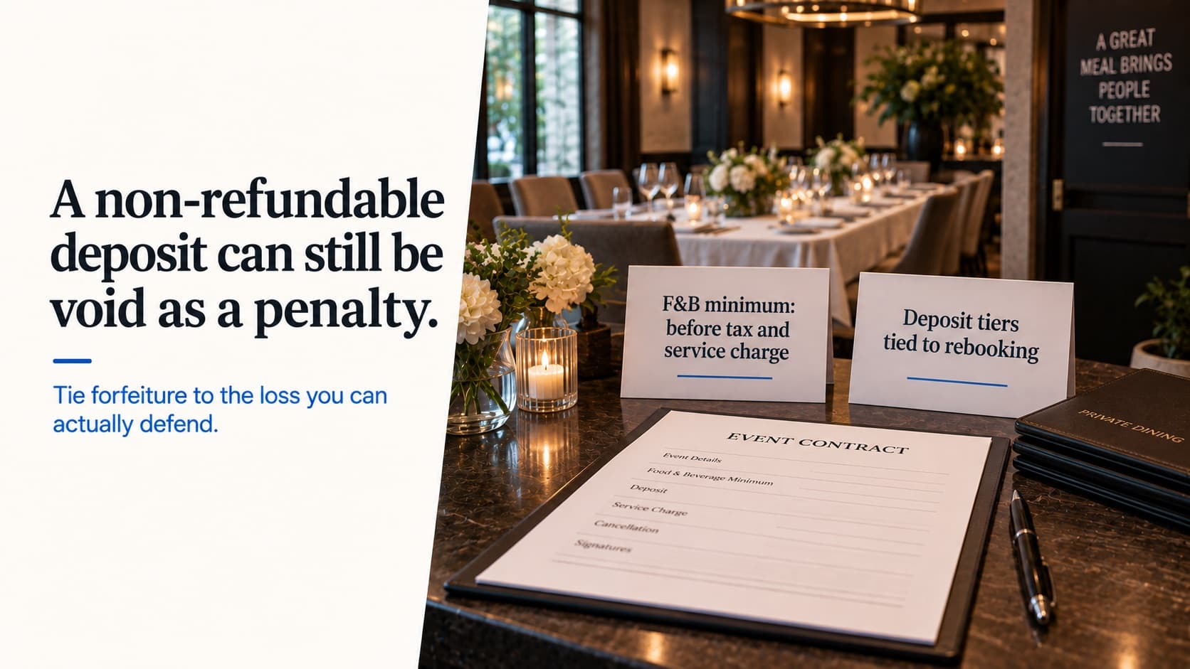 A non-refundable deposit can still be void as a penalty — a set private dining room with cards reading 'F&B minimum: before tax and service charge' and 'Deposit tiers tied to rebooking', and an event contract listing minimum, deposit, service charge and cancellation