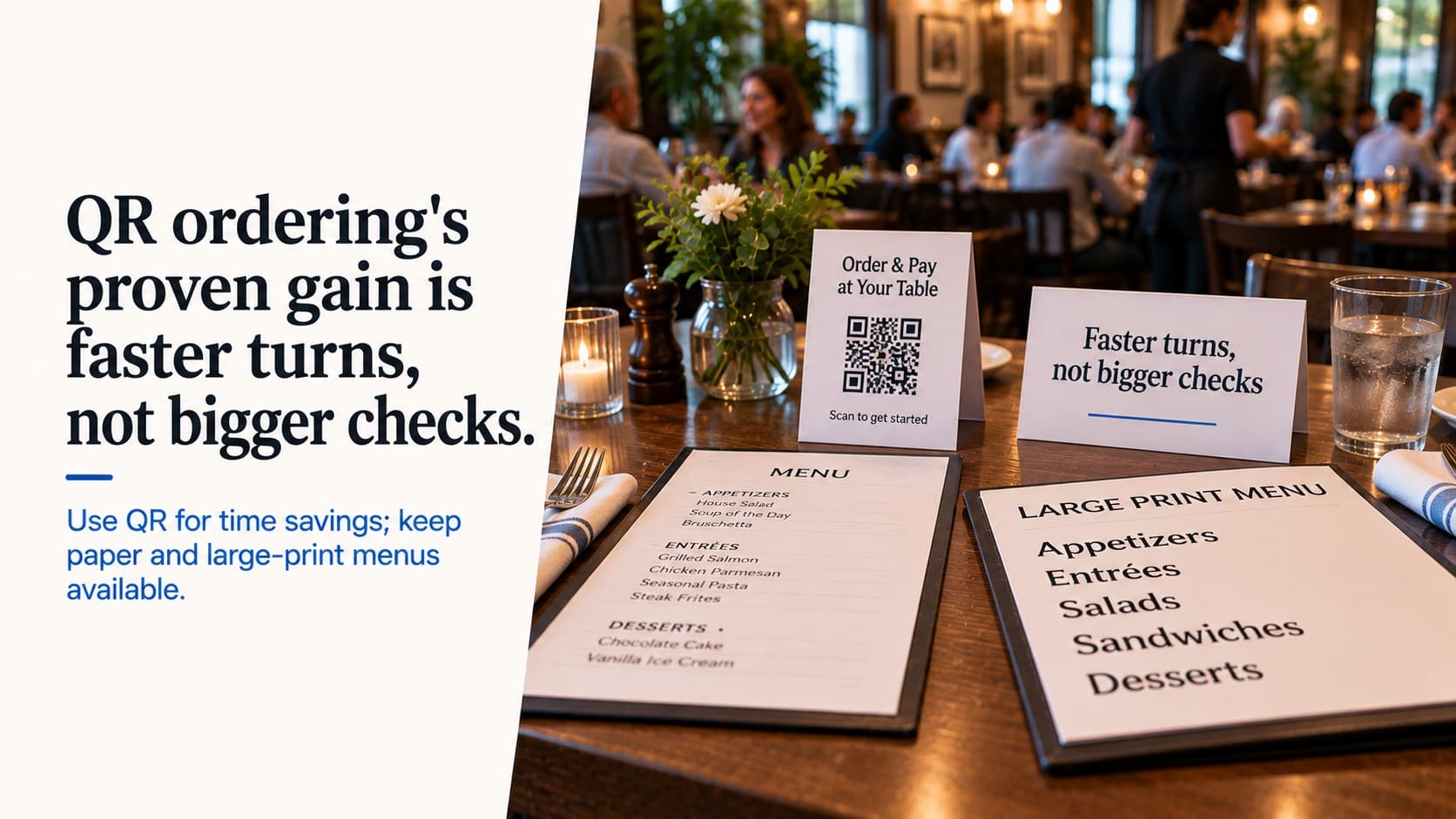 QR ordering's proven gain is faster turns, not bigger checks — a dining table with an order-and-pay QR tent card, a card reading 'Faster turns, not bigger checks', a paper menu and a large-print menu
