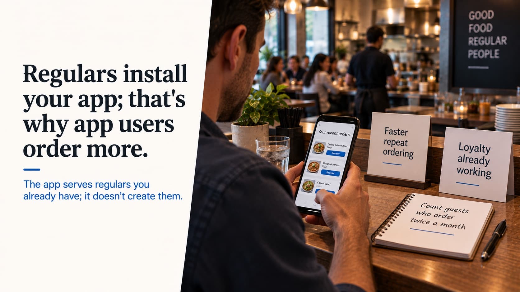 Regulars install your app — a guest at a counter reordering from recent orders in a generic restaurant app, beside cards reading 'Faster repeat ordering' and 'Loyalty already working' and a notebook reading 'Count guests who order twice a month'