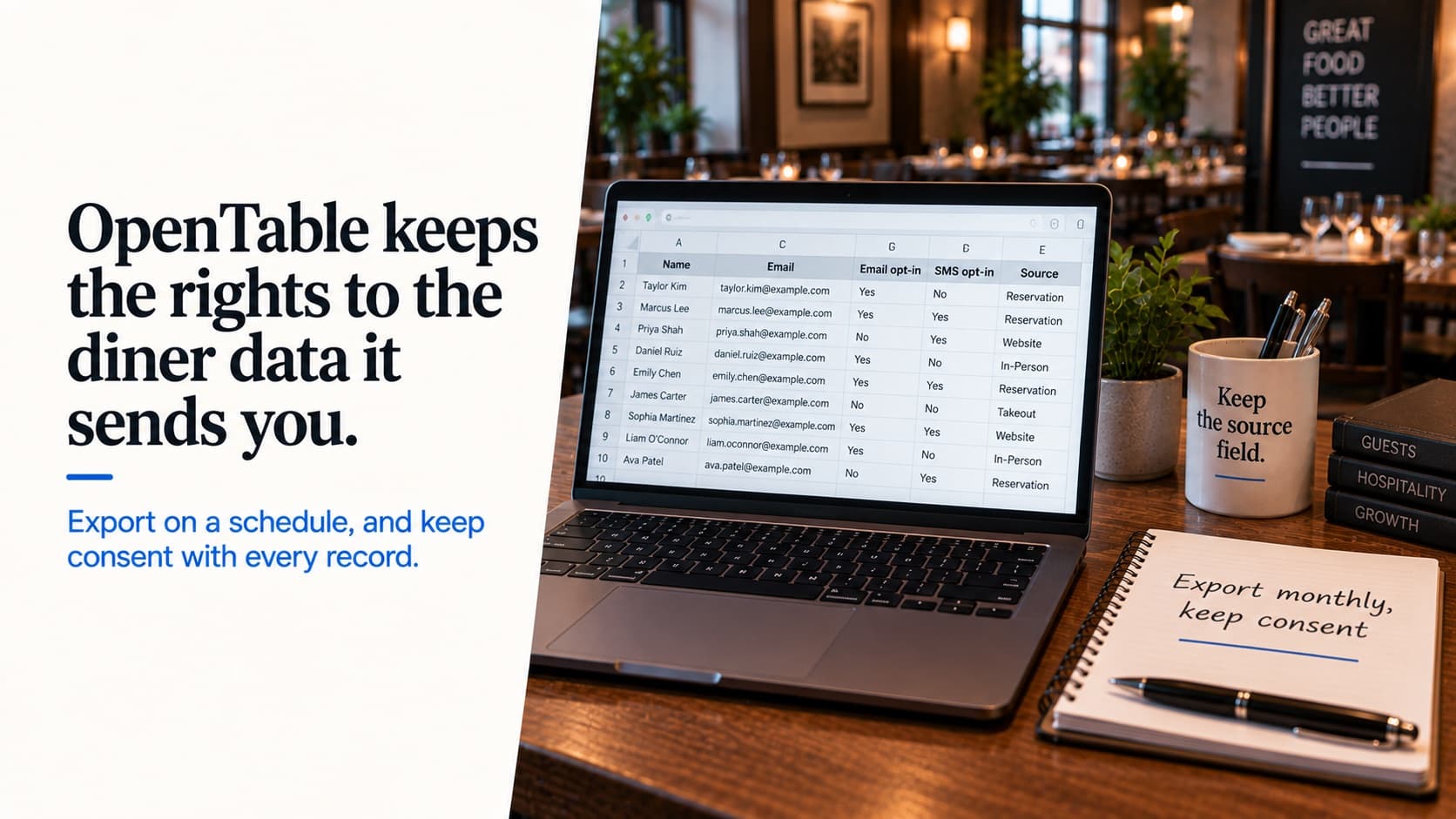 OpenTable keeps the rights to the diner data it sends you — a laptop showing a guest spreadsheet with name, email, email opt-in, SMS opt-in and source columns, beside a notebook reading 'Export monthly, keep consent' and a cup reading 'Keep the source field'