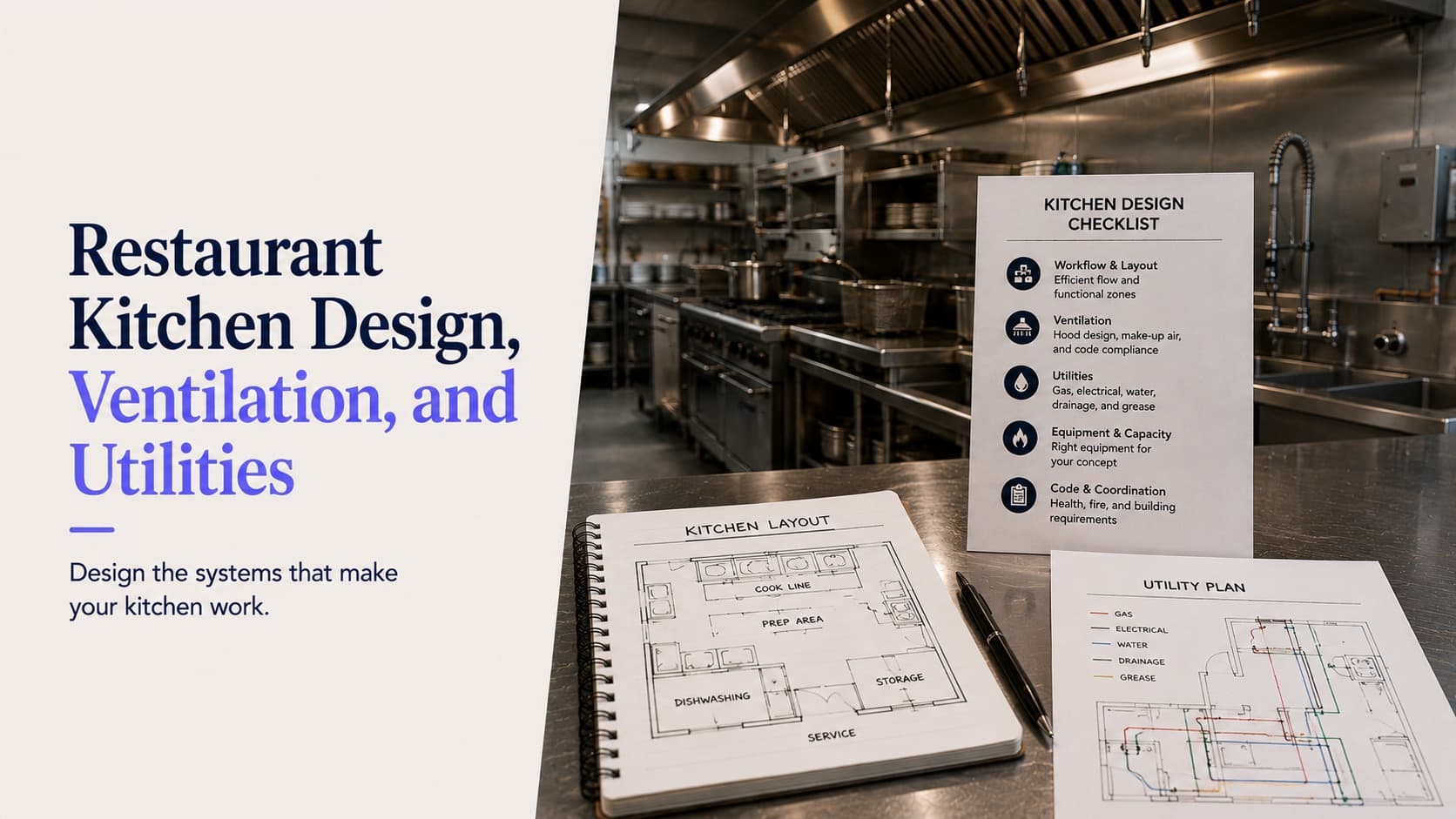 Restaurant kitchen design, ventilation and utilities — a commercial kitchen with a hood over the cook line, beside a design checklist covering workflow and layout, ventilation with hood design and make-up air, utilities for gas, electrical, water, drainage and grease, then equipment and capacity, plus a hand-drawn kitchen layout and a colour-coded utility plan