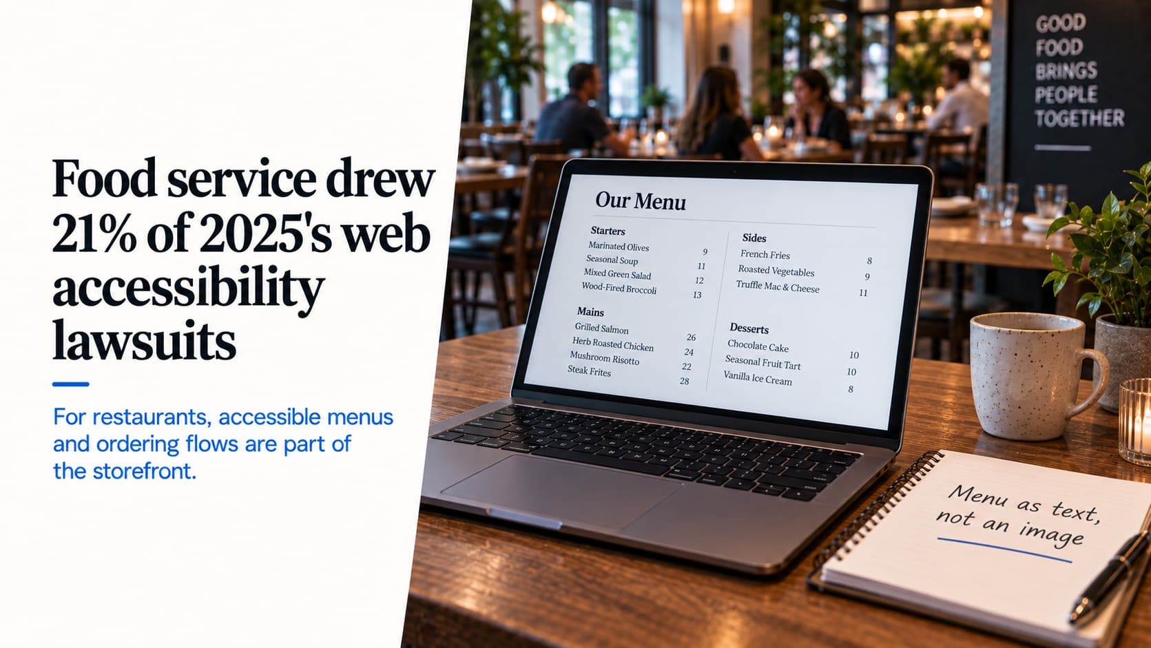 Food service drew 21% of 2025's web accessibility lawsuits — a laptop showing a restaurant menu as plain text, beside a notebook reading 'Menu as text, not an image'