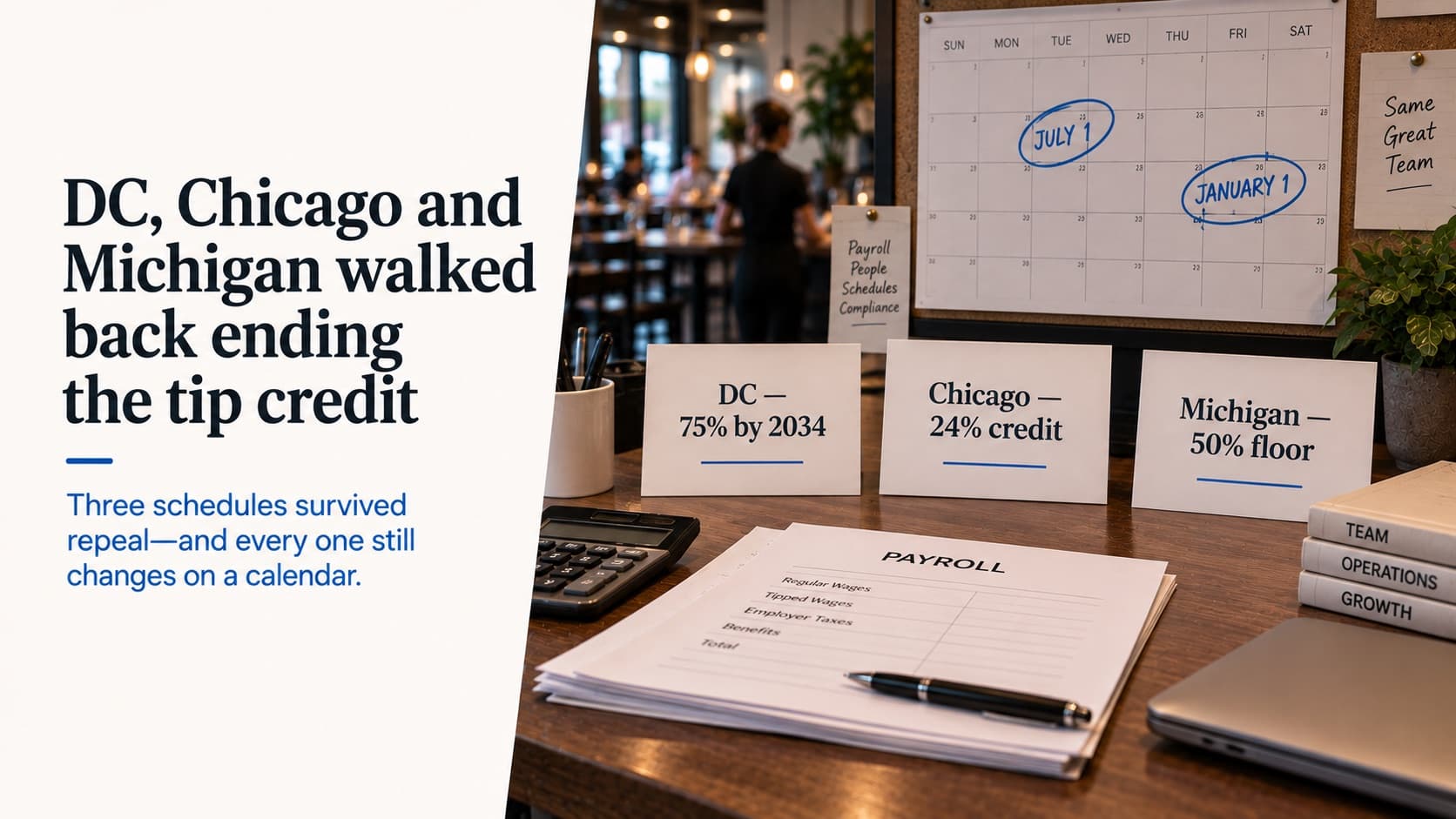 DC, Chicago and Michigan walked back ending the tip credit — a payroll desk with a wall calendar circling July 1 and January 1, and cards reading 'DC — 75% by 2034', 'Chicago — 24% credit' and 'Michigan — 50% floor'