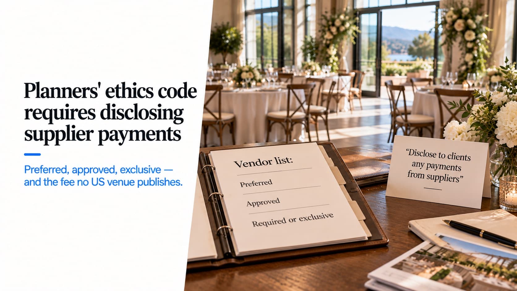 Listas de proveedores de los venues: una carpeta abierta en una lista con tres niveles (recomendado, aprobado y obligatorio o exclusivo), junto a una tarjeta que cita la regla de revelar a los clientes cualquier pago de proveedores