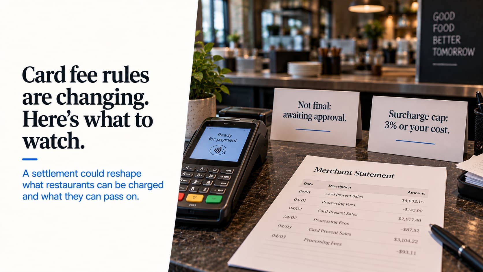 The Visa-Mastercard settlement — a generic card terminal and a merchant statement on a counter, beside cards reading 'Not final: awaiting approval' and 'Surcharge cap: 3% or your cost'
