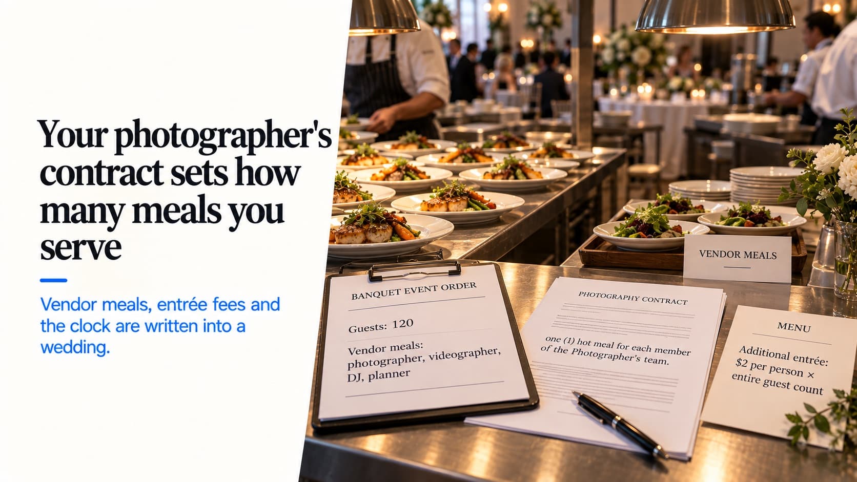 Lo que cubre el precio por persona en una boda: platos en el pase de cocina junto a una orden de evento que lista las comidas de proveedores, la cláusula del contrato del fotógrafo que exige una comida caliente para su equipo y una tarjeta de menú con $2 por persona, sobre todos los invitados, por cada plato adicional